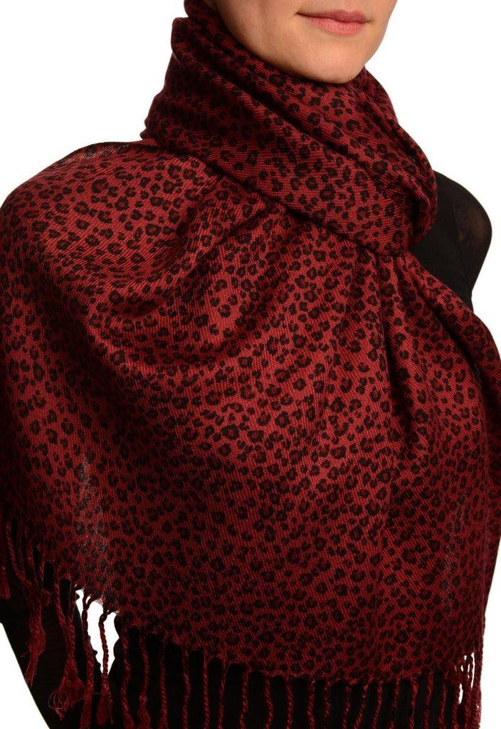 Liss Kiss Small Leopard On Burgundy Pashmina Feel With Tassels - Scarf
