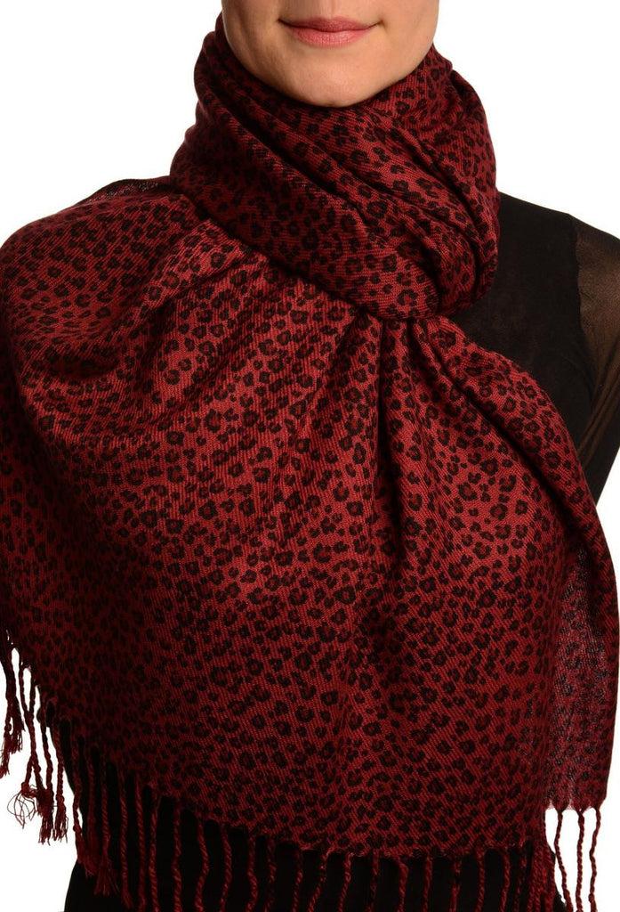 liss kiss Small Leopard On Burgundy Pashmina Feel With Tassels - Scarf