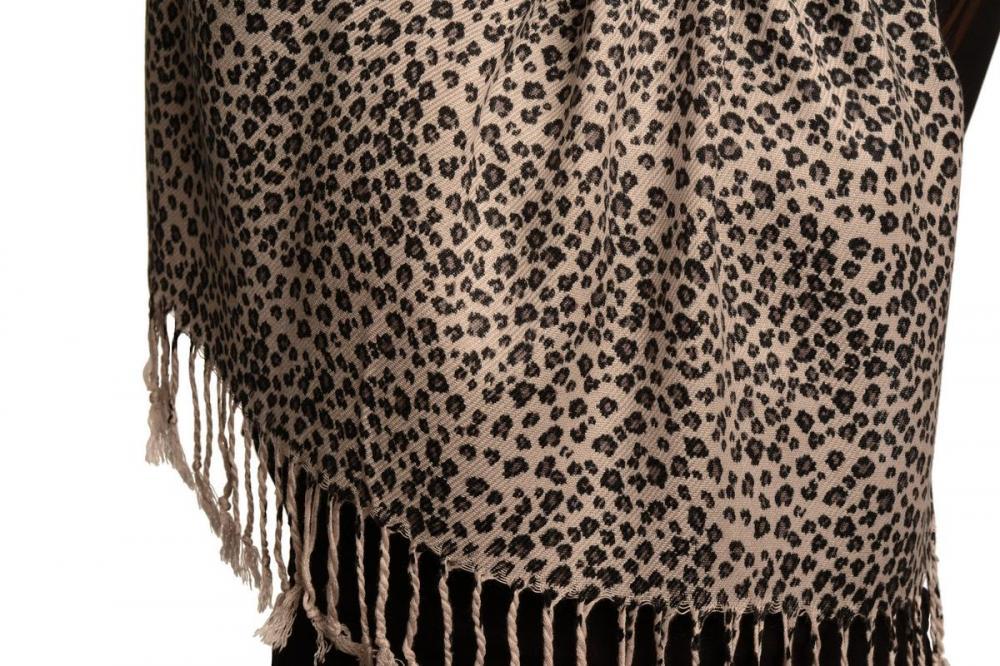 Liss Kiss Small Leopard On Grey Pashmina Feel With Tassels - Scarf