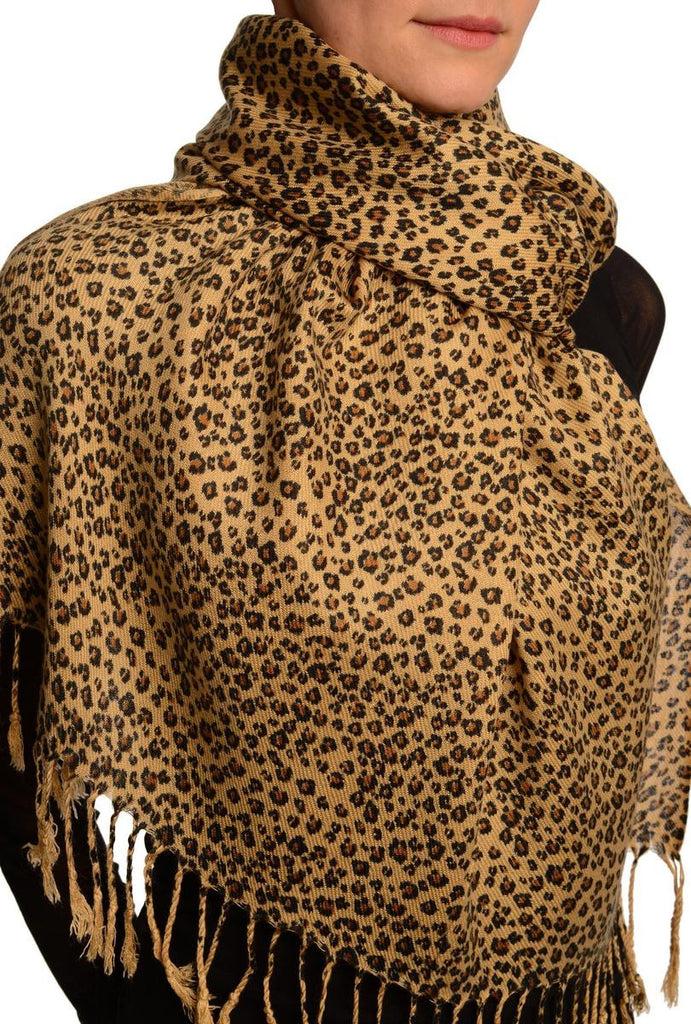 Liss Kiss Small Leopard On Mocha Pashmina Feel With Tassels - Scarf