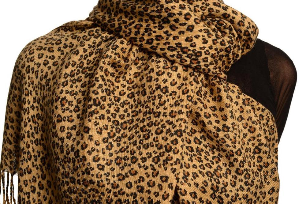 Liss Kiss Small Leopard On Mocha Pashmina Feel With Tassels - Scarf