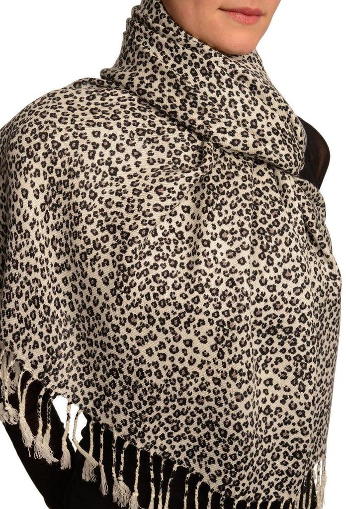 Liss Kiss Small Leopard On White Pashmina Feel With Tassels - Scarf