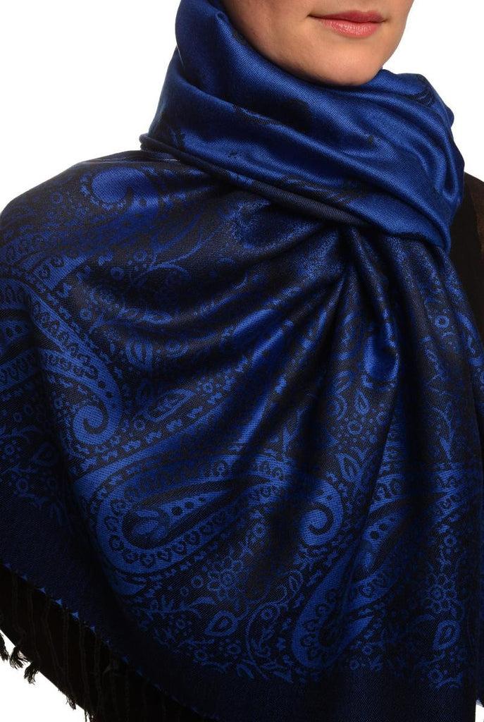 Liss Kiss Small Paisley On Medium Blue Pashmina With Tassels - Scarf