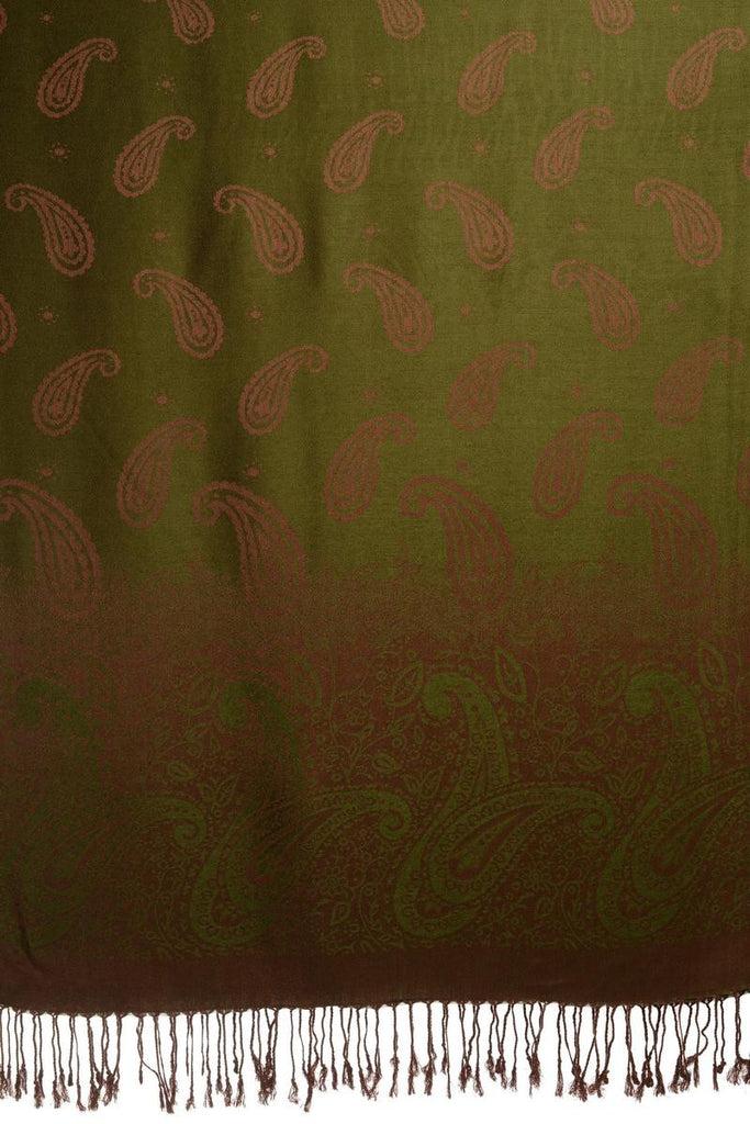 Liss Kiss Small Paisley On Olive Green Pashmina With Tassels - Scarf