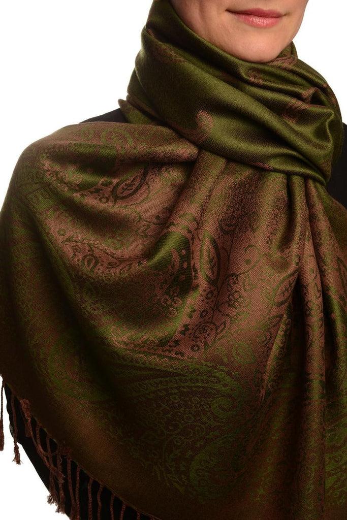 Liss Kiss Small Paisley On Olive Green Pashmina With Tassels - Scarf