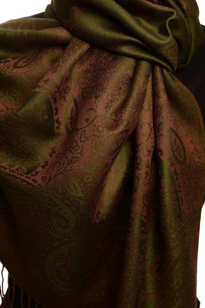 Liss Kiss Small Paisley On Olive Green Pashmina With Tassels - Scarf