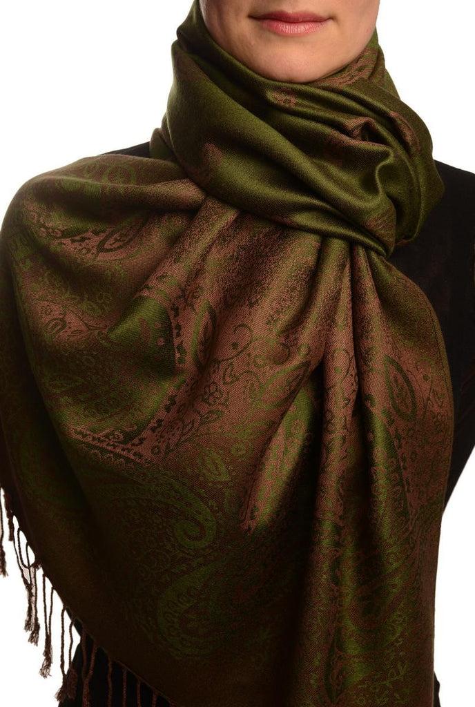 liss kiss Small Paisley On Olive Green Pashmina With Tassels - Scarf