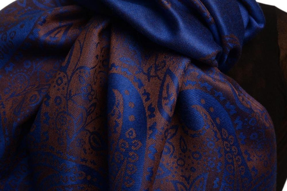 Liss Kiss Small Paisley On Persian Blue Pashmina With Tassels - Scarf