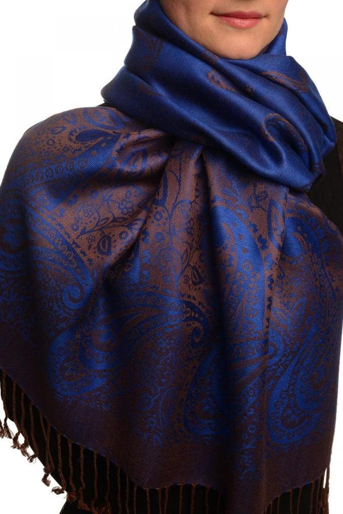 Liss Kiss Small Paisley On Persian Blue Pashmina With Tassels - Scarf