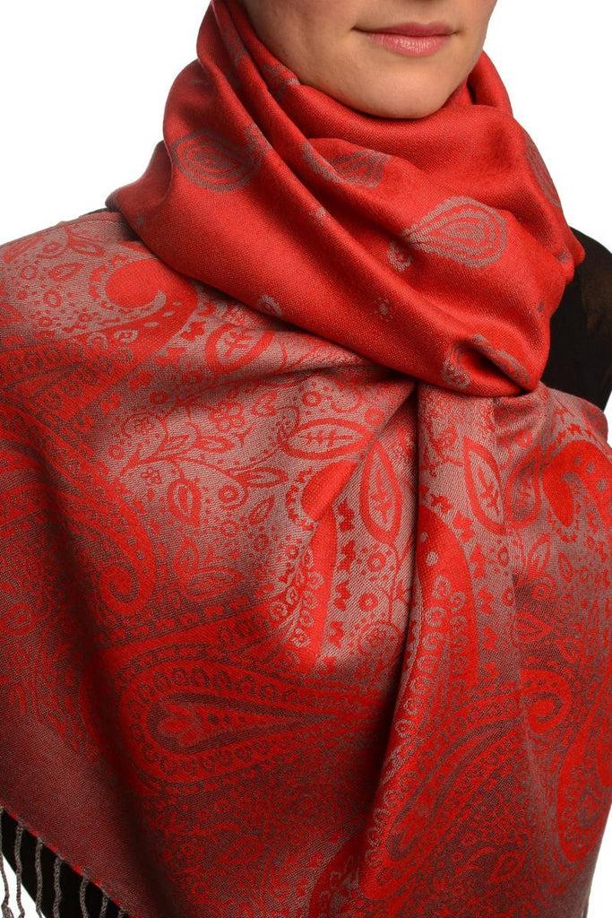 Liss Kiss Small Paisley On Red Pashmina With Tassels - Scarf