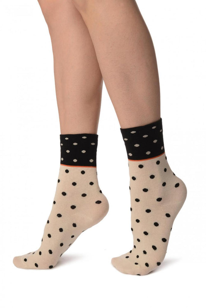 Liss Kiss Small Polka Dot On Beige With Black Top Ankle High Socks - Socks