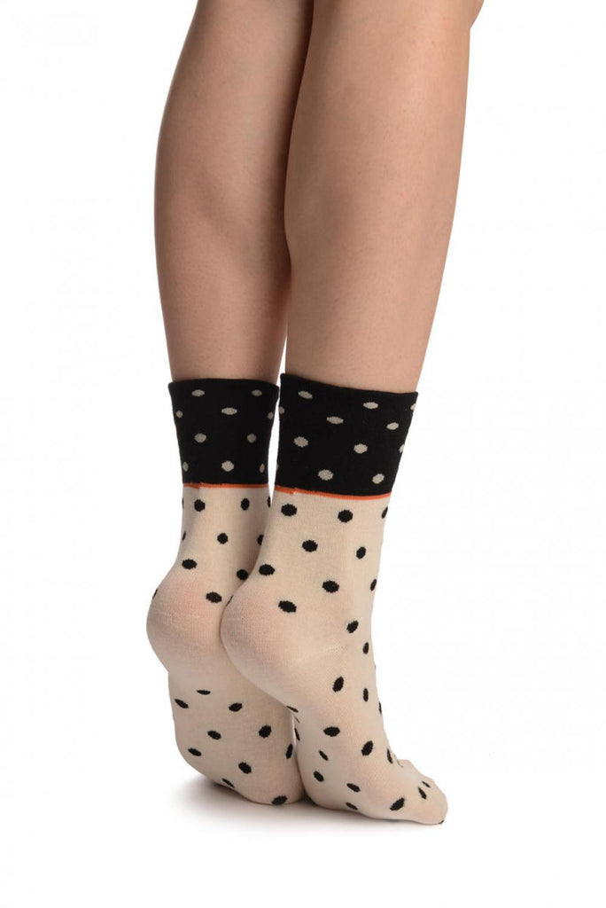 Liss Kiss Small Polka Dot On Beige With Black Top Ankle High Socks - Socks