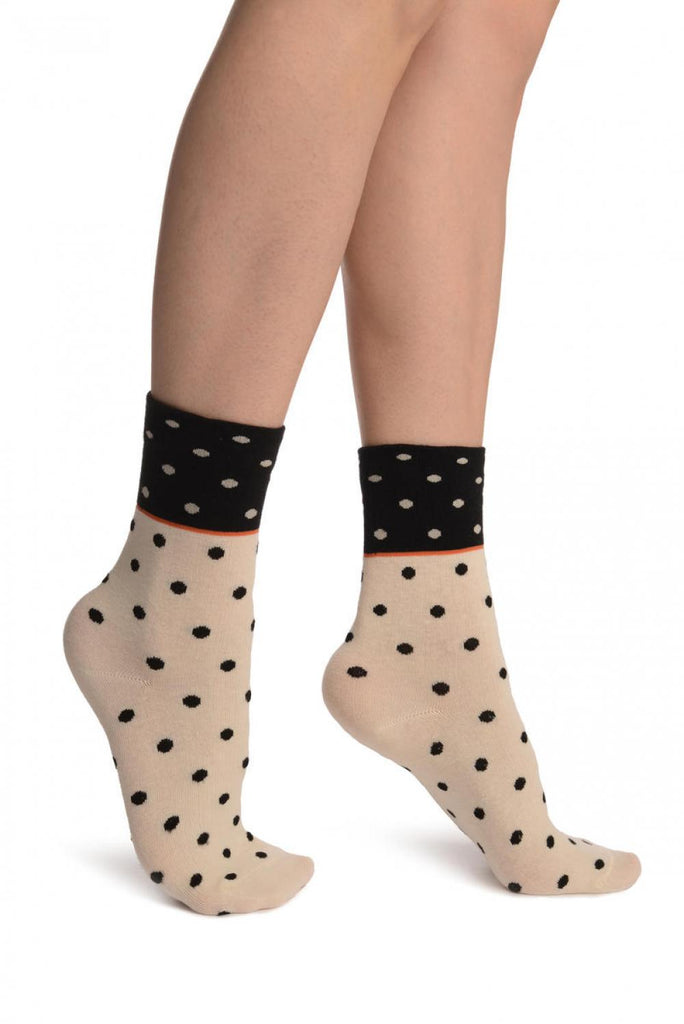 liss kiss Small Polka Dot On Beige With Black Top Ankle High Socks - Socks