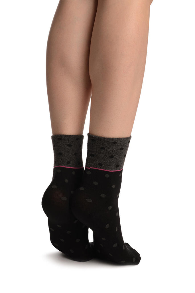 Liss Kiss Small Polka Dot On Black With Grey Top Ankle High Socks - Socks