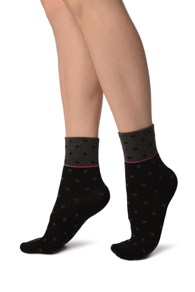 Liss Kiss Small Polka Dot On Black With Grey Top Ankle High Socks - Socks