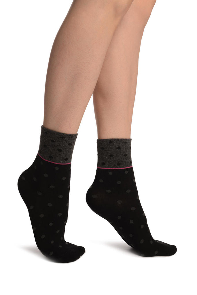 Liss Kiss Small Polka Dot On Black With Grey Top Ankle High Socks - Socks