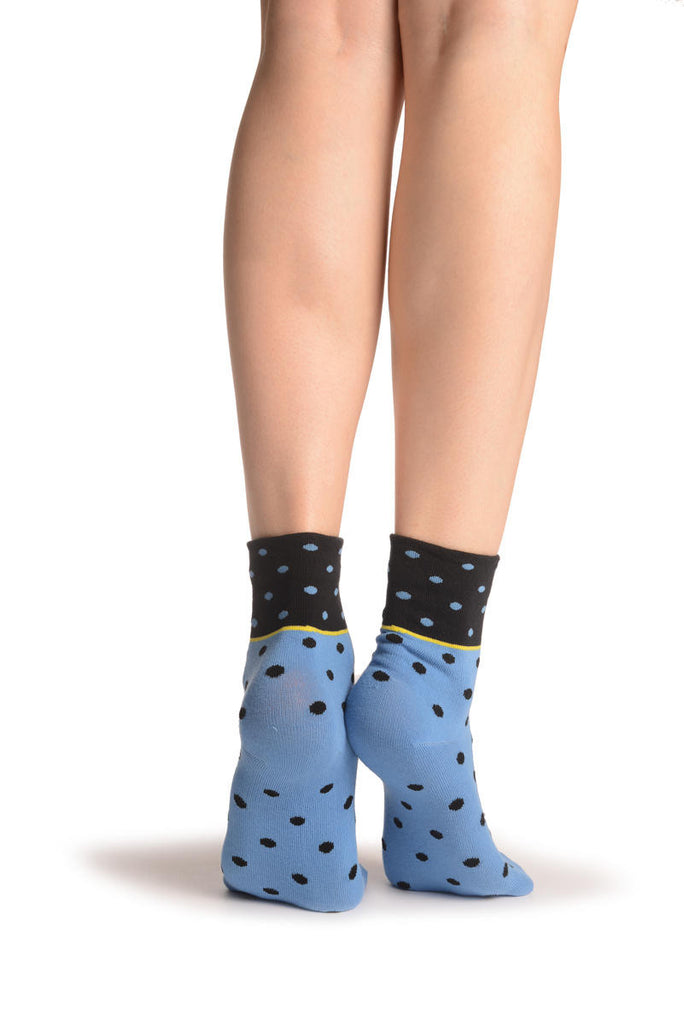 Liss Kiss Small Polka Dot On Blue With Black Top Ankle High Socks - Socks