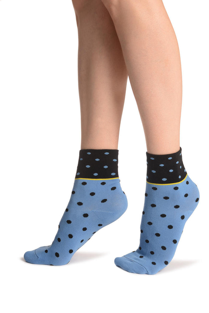 Liss Kiss Small Polka Dot On Blue With Black Top Ankle High Socks - Socks