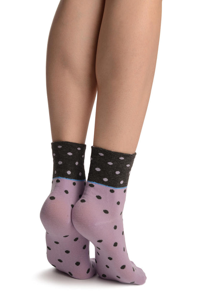 Liss Kiss Small Polka Dot On Lilac With Grey Top Ankle High Socks - Socks