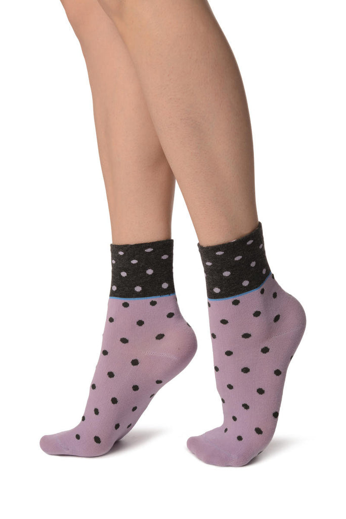 Liss Kiss Small Polka Dot On Lilac With Grey Top Ankle High Socks - Socks