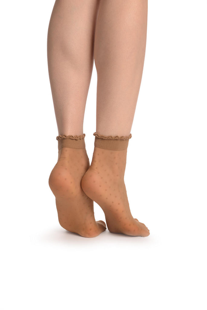 Liss Kiss Small Polka Dots And Rounded Trim Top Beige Socks Ankle High 15 Den - Socks