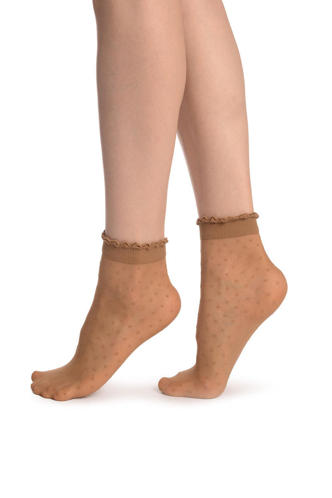 Liss Kiss Small Polka Dots And Rounded Trim Top Beige Socks Ankle High 15 Den - Socks