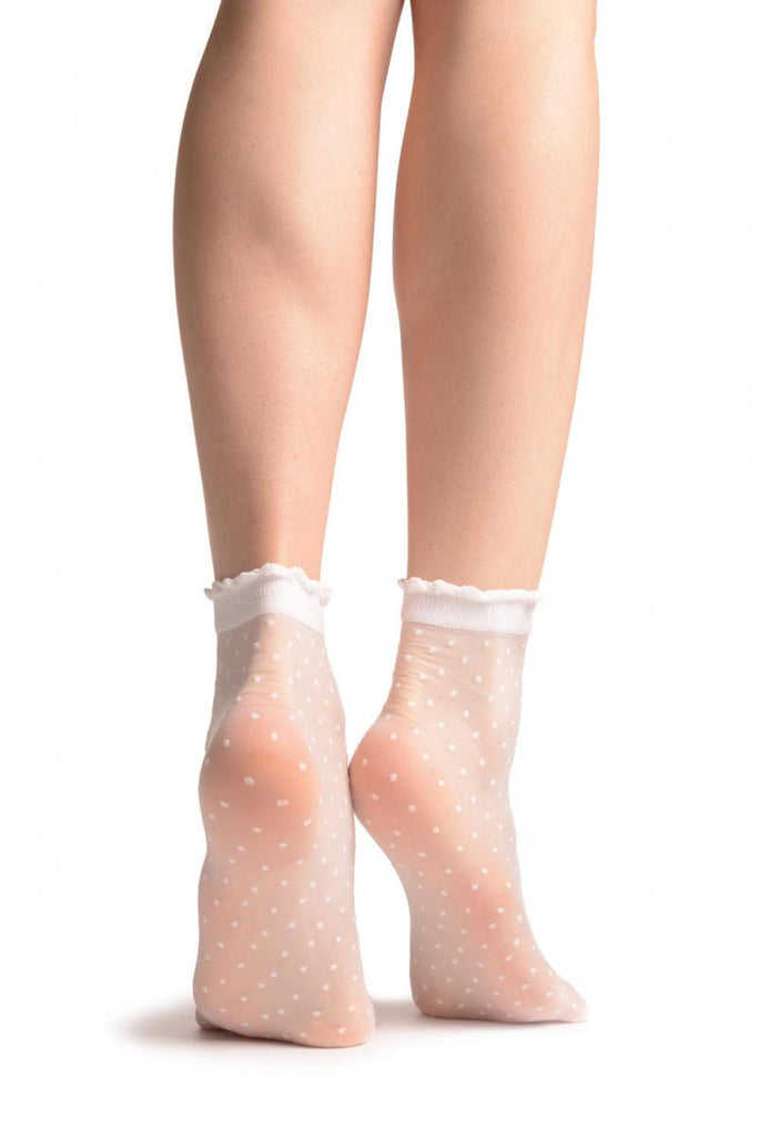 Liss Kiss Small Polka Dots And Rounded Trim Top White Socks Ankle High 15 Den - Socks