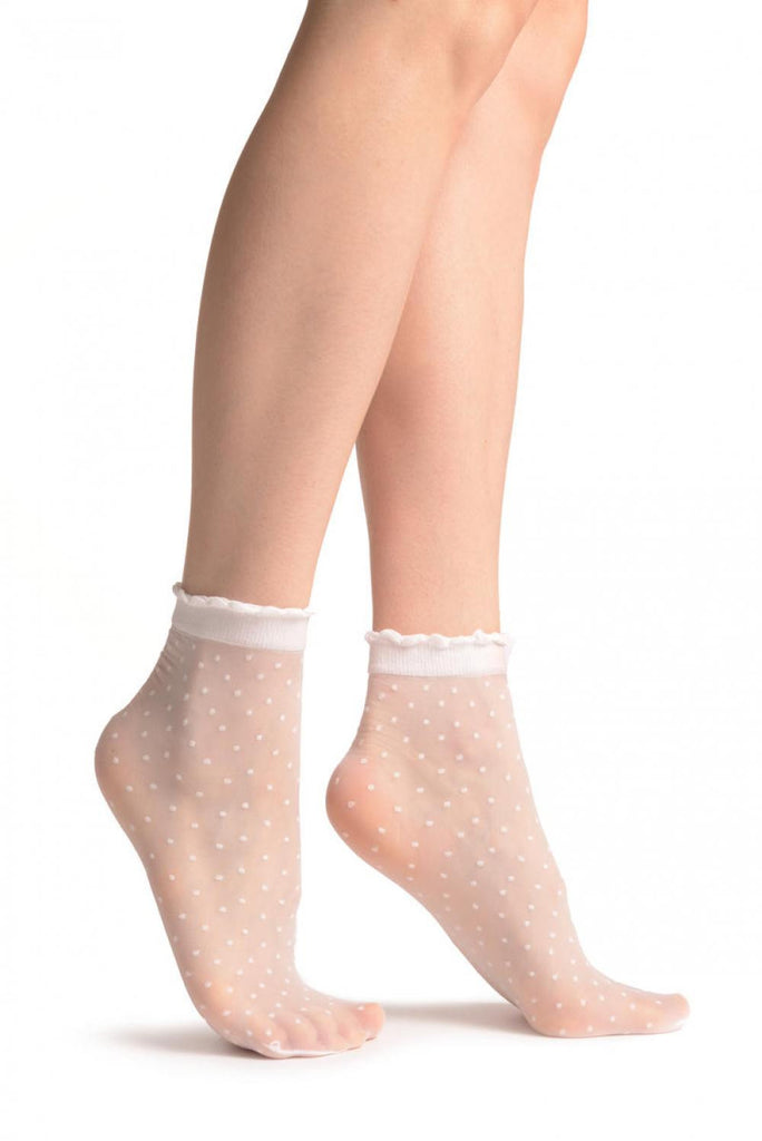 liss kiss Small Polka Dots And Rounded Trim Top White Socks Ankle High 15 Den - Socks