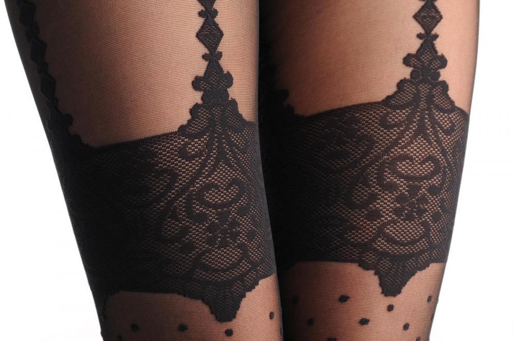 Liss Kiss Small Polka With Lace Top & Faux Suspended Belt - Tights