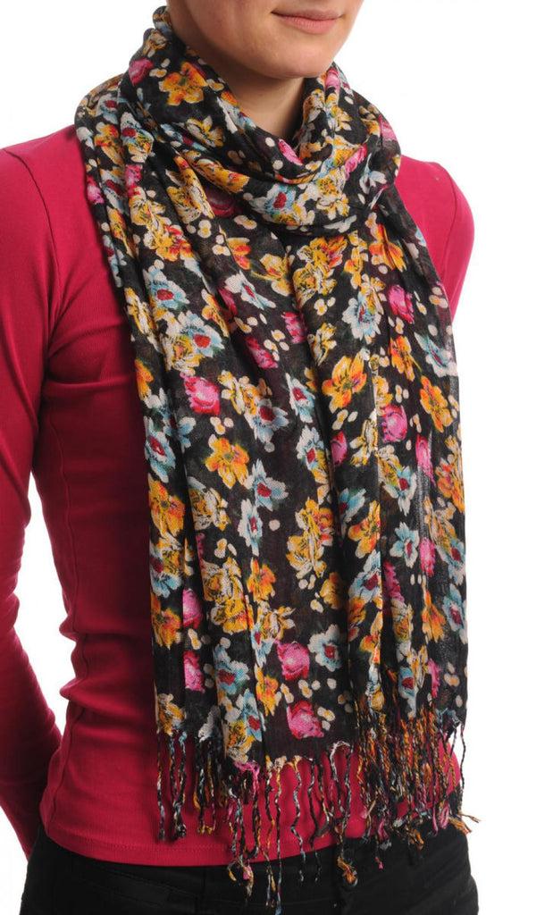 Liss Kiss Small Spring Flowers With Tassels On Black - Scarf