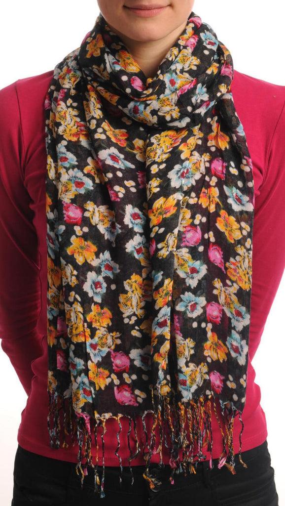liss kiss Small Spring Flowers With Tassels On Black - Scarf