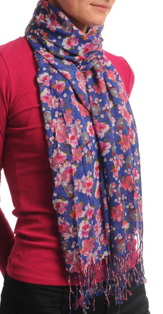 Liss Kiss Small Spring Flowers With Tassels On Blue - Scarf
