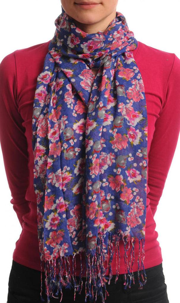 liss kiss Small Spring Flowers With Tassels On Blue - Scarf