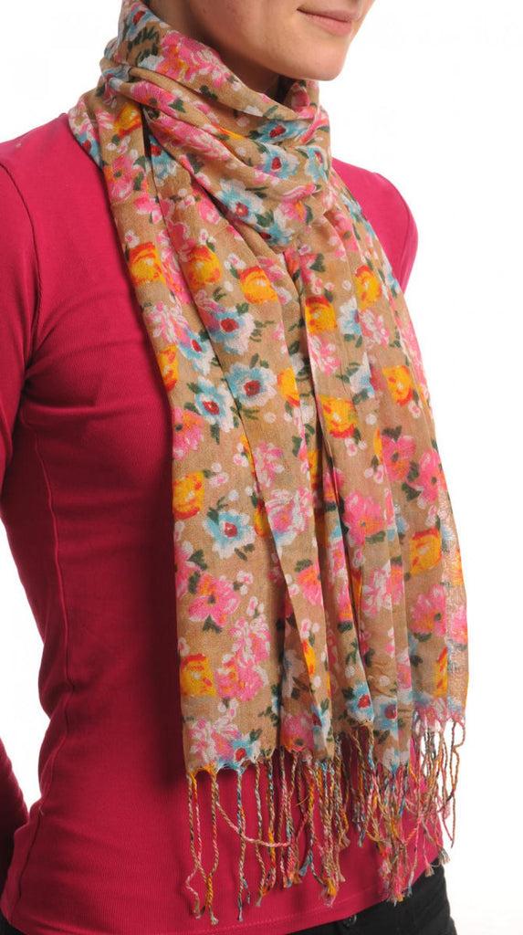 Liss Kiss Small Spring Flowers With Tassels On Mocha - Scarf