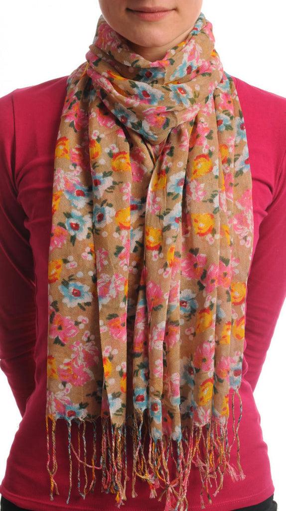 liss kiss Small Spring Flowers With Tassels On Mocha - Scarf
