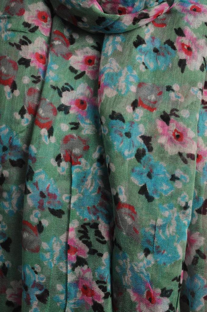 Liss Kiss Small Spring Flowers With Tassels On Moss Green - Scarf