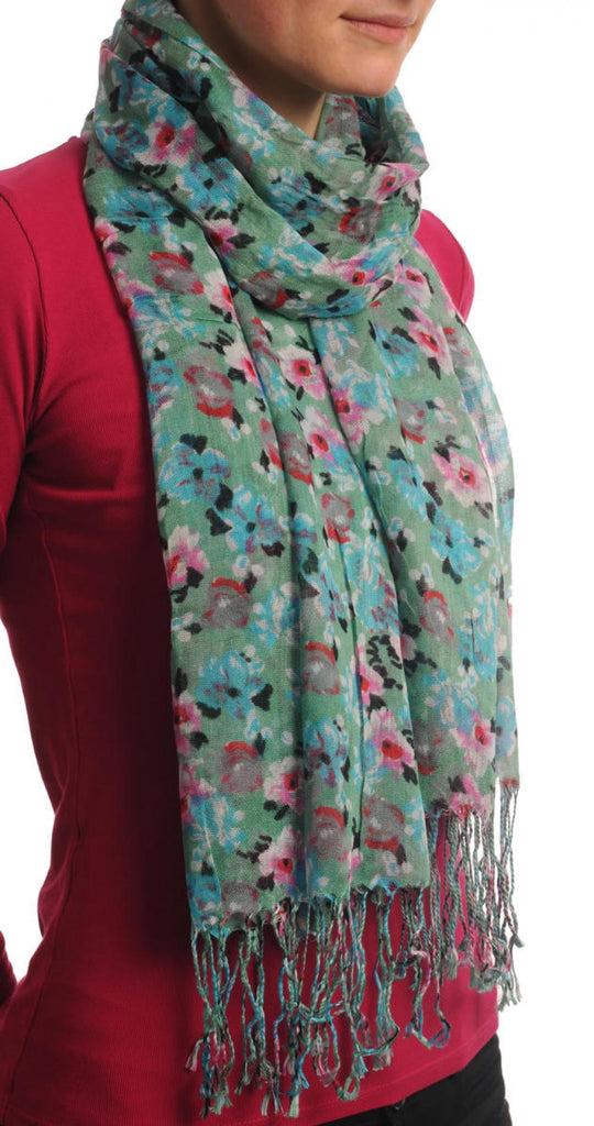 Liss Kiss Small Spring Flowers With Tassels On Moss Green - Scarf
