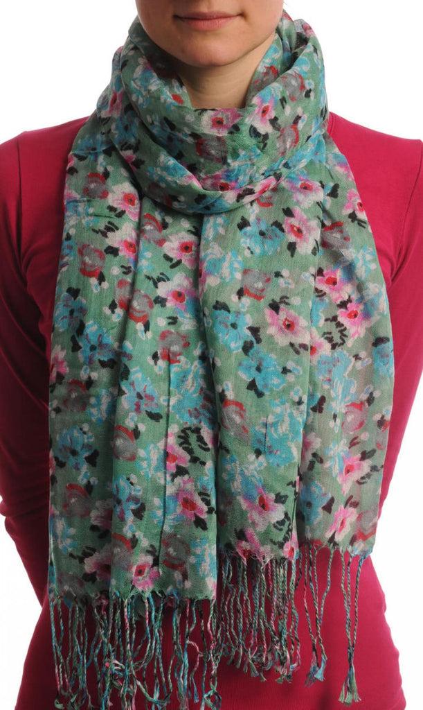 liss kiss Small Spring Flowers With Tassels On Moss Green - Scarf