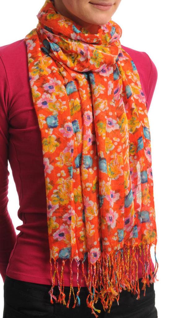 Liss Kiss Small Spring Flowers With Tassels On Orange - Scarf
