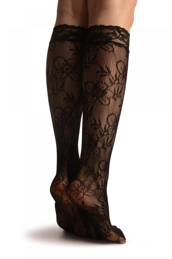 Liss Kiss Small Viola Flowers Black Lace Knee High Socks - Socks