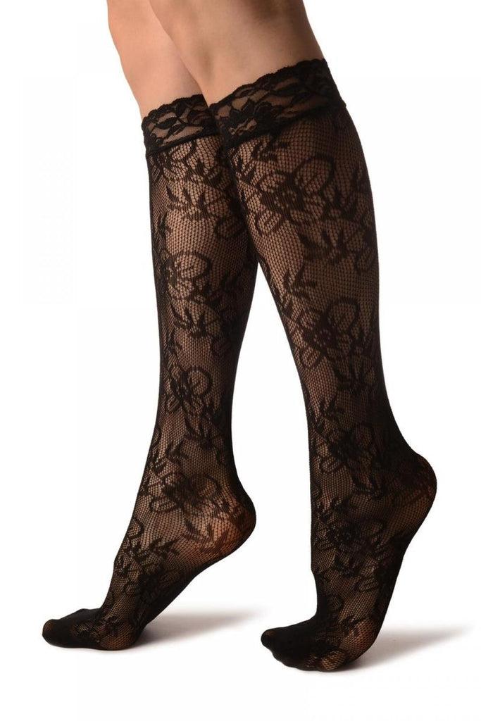 Liss Kiss Small Viola Flowers Black Lace Knee High Socks - Socks