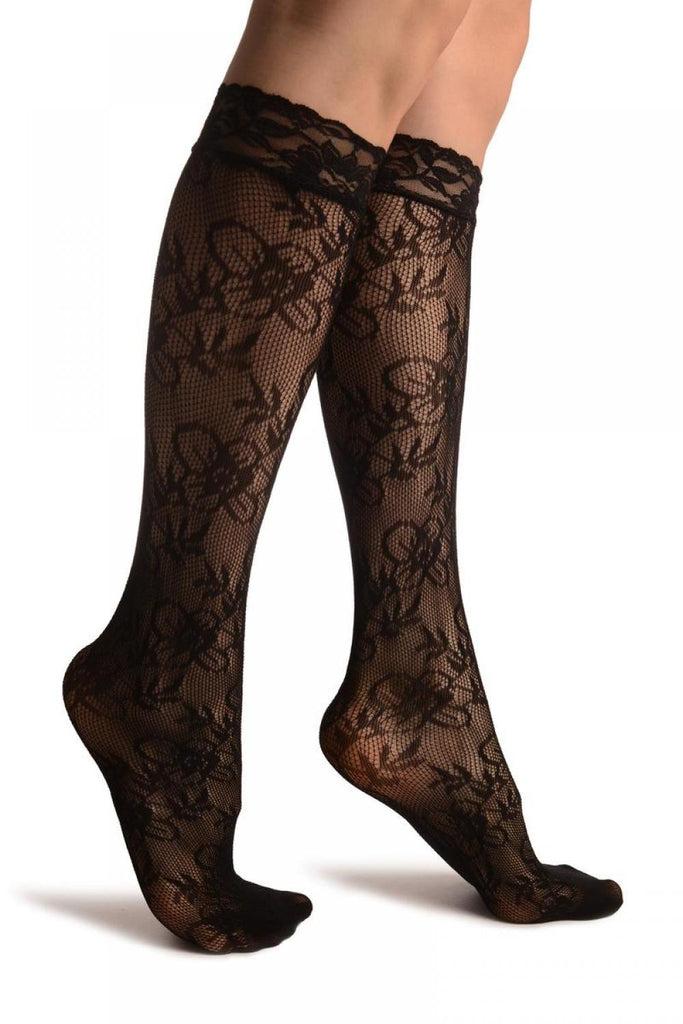 liss kiss Small Viola Flowers Black Lace Knee High Socks - Socks