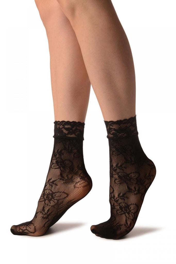 Liss Kiss Small Viola Flowers Black Lace Socks Ankle High - Socks