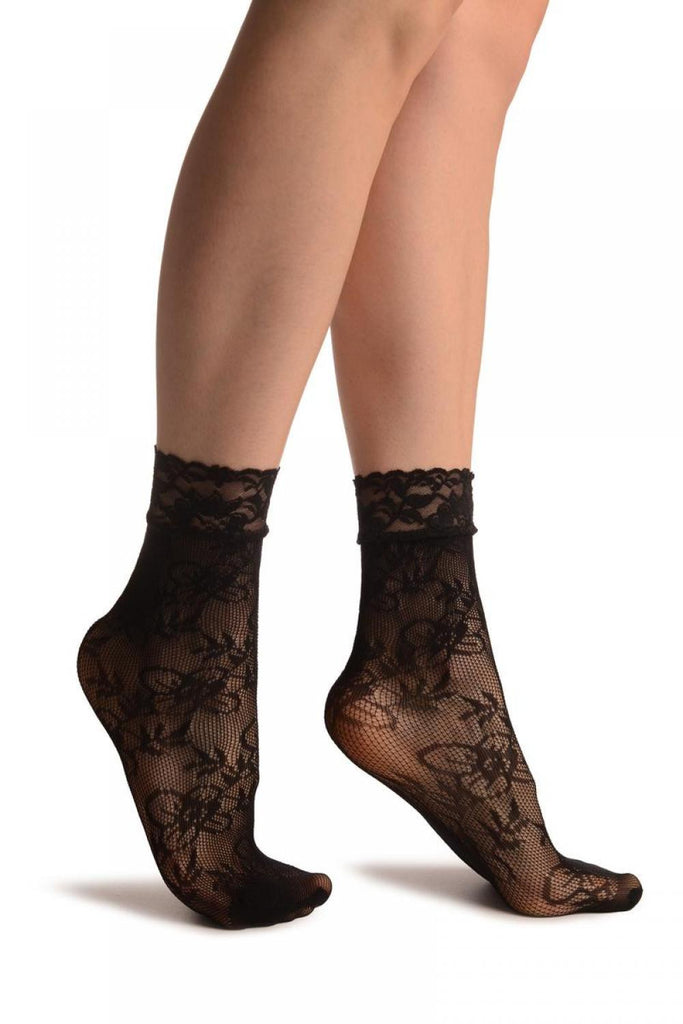 liss kiss Small Viola Flowers Black Lace Socks Ankle High - Socks