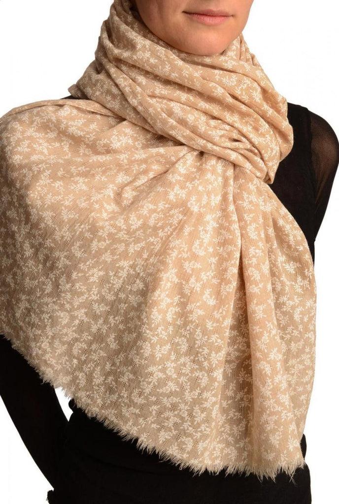 Liss Kiss Small White Flowers On Textured Beige Scarf - Scarf