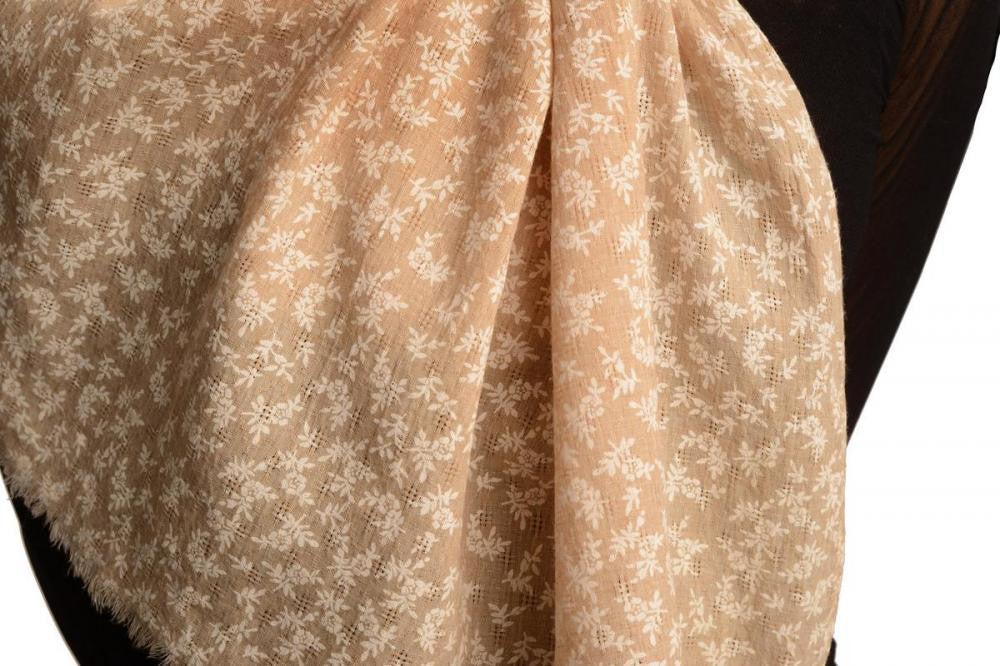 Liss Kiss Small White Flowers On Textured Beige Scarf - Scarf