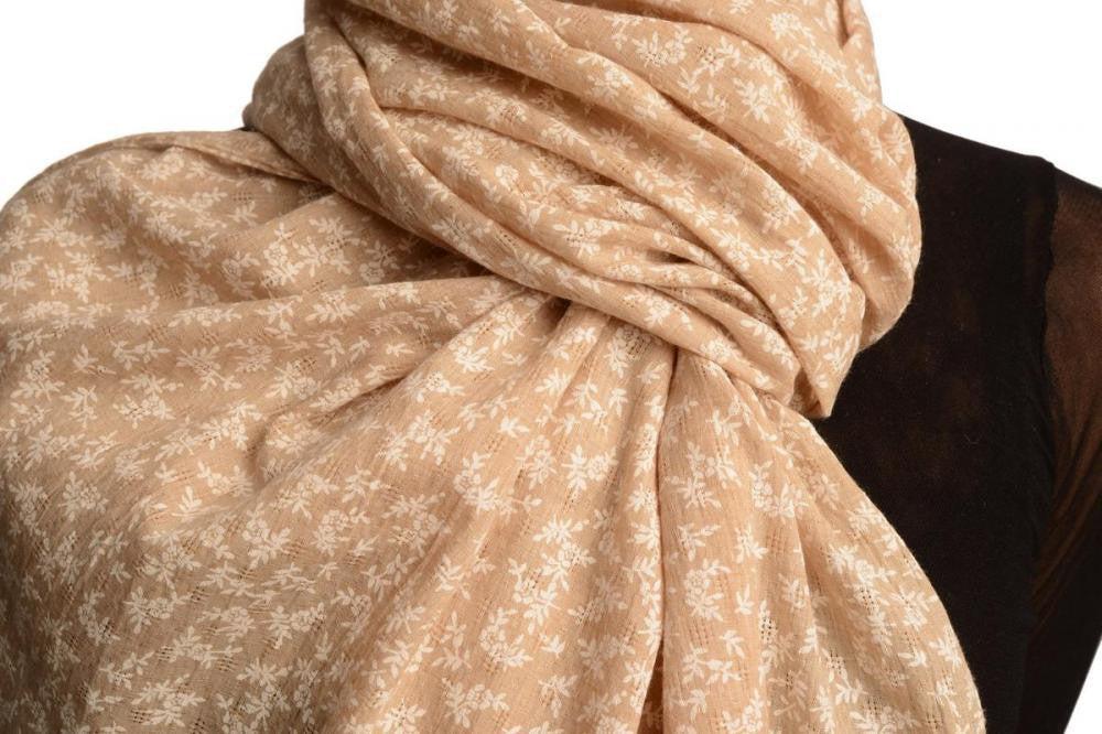 Liss Kiss Small White Flowers On Textured Beige Scarf - Scarf