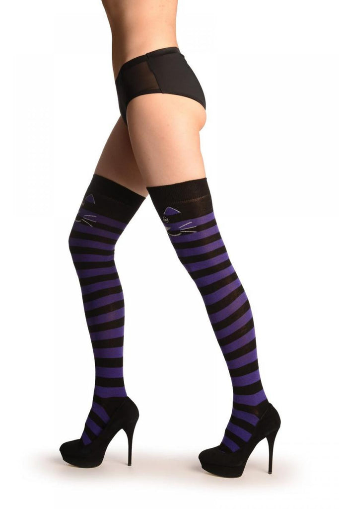 Liss Kiss Smiling Cat On Black & Purple Stripes - Over The Knee Socks
