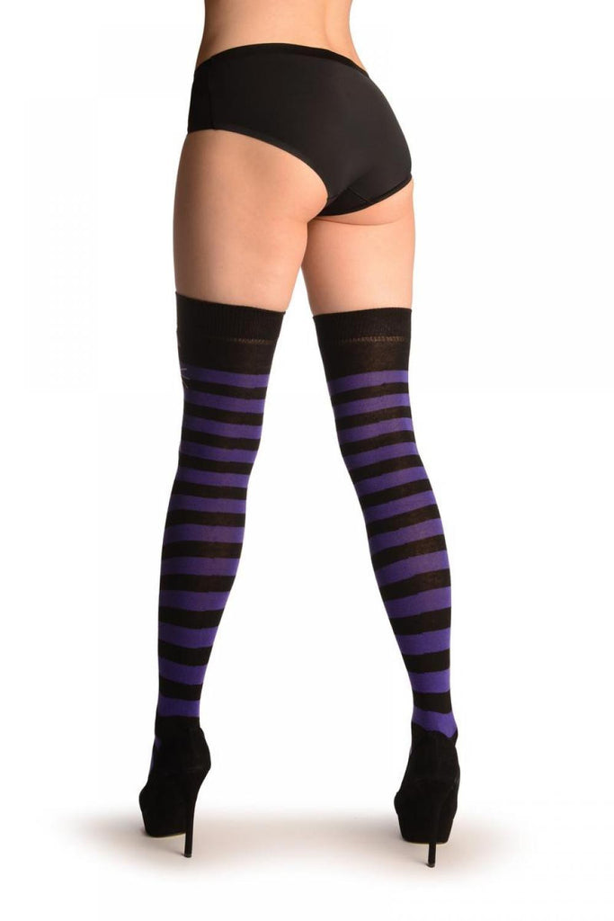 Liss Kiss Smiling Cat On Black & Purple Stripes - Over The Knee Socks