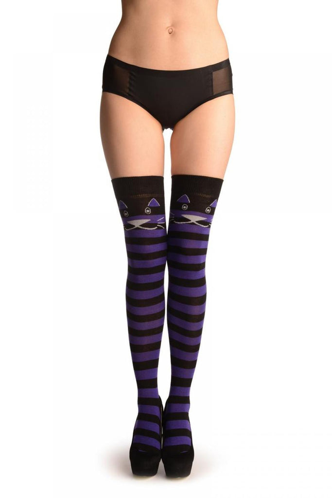 liss kiss Smiling Cat On Black & Purple Stripes - Over The Knee Socks
